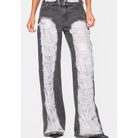 Jeans délavés à panneau de paillettes en détresse vintage pantalon baggy taille moyenne à jambe droite pantalon effiloché coupe décontractée pour femmes