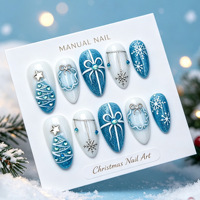 Kuku Palsu 3D Natal Mewah Buatan Tangan, Kuku Palsu Motif Kepingan Salju Biru Kustom, Ujung Kuku Artifisial Liburan Musim Dingin Kelas Atas