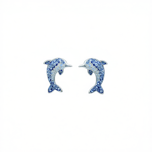 Boucles d'oreilles clous en cristal dauphin bleues et argentées pour femme, motif animal mignon, micro-incrustation, bijoux à porter au quotidien - Product Image 1