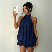 Combinaison courte en mousseline de soie bleu marine personnalisée à col halter, sans manches, superposée, style mini-robe, avec service OEM et options multicolores, décontractée pour l'été