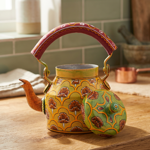 Tea Kettle With <b>Lid</b> Hand Painted Floral Design Yellow Green Red Handle Water <b>Pot</b> - Product Image 6
