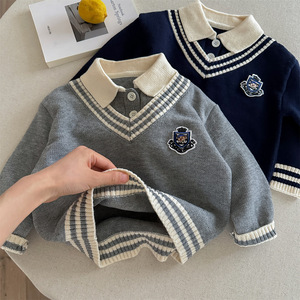 JK Style Knit Sweater With Embroidered Crest School Uniform Look Cotton Blend Gray And Navy Blue For Kids And Teens - Product Image 3