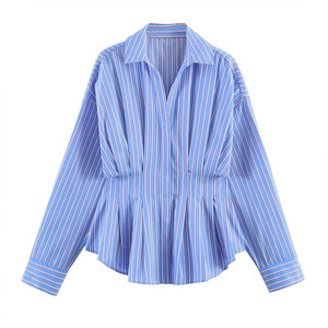 Blusa de popelina a rayas para mujer, manga ancha, cuello vuelto, camisa plisada de manga larga, ropa informal para uso diario - Product Image 1