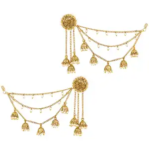 Zinc Alloy New Fashion Gold Plated Bahubali Design Heavy Earrings with Hair Chain for Women
