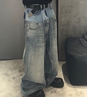 Jeans larges et amples de style streetwear, double couche, double taille, patchwork, délavé, effet usé, logo brodé personnalisé