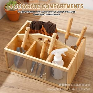 Wooden Garden Tool Storage Rack With Mesh Divider Portable <b>Vegetable</b> Basket Multi Purpose Storage Box For Outdoor Use - Product Image 4