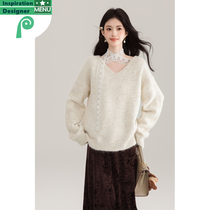 Maglione di Alta Qualità 2025, Elegante Scollo a V in <span class=keywords><strong>Pizzo</strong></span>, Lavorazione in Lana di Alta Qualità, Bianco - Product Image 5