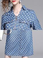 2019 nouveau modèle col rabattu manches courtes imprimé à pois robe Midi Demin pour les femmes