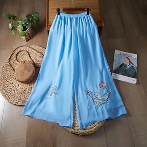 Sky Blue Wide Leg <b>Chiffon</b> Pants With Embroidery Casual Women's <b>Trousers</b> Spring Summer Style - Product Image 1