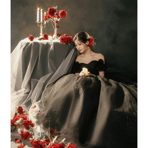 Helburn Strapless Black Tulle Ball Gown Wedding Dress For Photoshoots Vintage Fashion Evening Dress Natural Waistline - Product Image 3