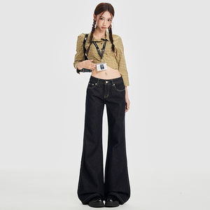 Pantalon en jean à pattes d'éléphant, taille basse, bleu foncé, tendance rétro, accessoire indispensable pour les fashionistas de <span class=keywords><strong>la</strong></span> rue, spécial - Product Image 1