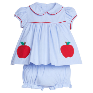 Robe d'été pour filles en coton à carreaux bleus avec bordure rouge et applique pomme, tenue assortie pour sœurs, idéale pour la rentrée scolaire - Product Image 4
