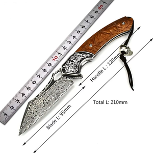 Couteau pliant de poche EDC de survie pour le camping en plein air, en acier <span class=keywords><strong>Damas</strong></span> avec manche en bois de santal jaune fait main - Product Image 1