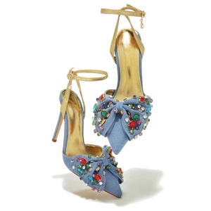 Colorful Diamonds Women Denim Sandals Blue Stiletto High Heels Pointy Toe Ankle Straps Jeans <b>Shoes</b> - Product Image 5