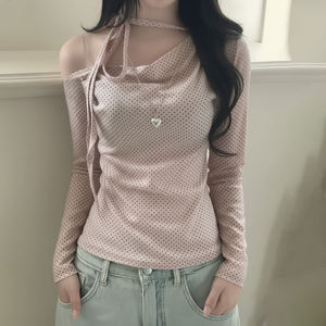 Top Corto de Puntos con Hombro Descubierto para Mujer, Estilo Dulce, Ajustado, Suave, Y2K, que Define la Cintura - Product Image 1