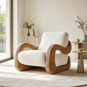 <span class=keywords><strong>Fauteuil</strong></span> individuel blanc en bouclette avec structure en fibre de verre à grain de bois courbé pour espace de vie moderne - Product Image 6