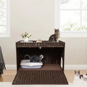 Armoire pour litière de chat en rotin PE tissé à la main, multifonctionnelle, avec espace de toilette caché et privé pour chats - Product Image 1