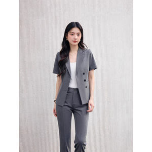 Women's Gray Short Sleeve Double Breasted <b>Blazer</b> And Trousers Suit <b>Set</b> For Commute Anti-Wrinkle Formal Wear - Product Image 1