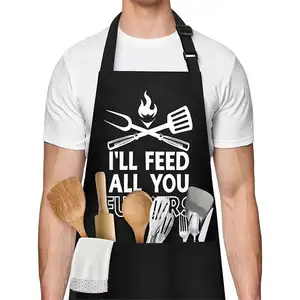 Factory Supply Custom Printing Pattern BBQ Grill Birthday Valentines Day Gifts Kitchen Chef Polyester Apron Unisex Black Aprons