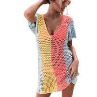 Großes Damen kleid Sommer hohl gestricktes Kleid Strand rock Color block Bluse Frauen