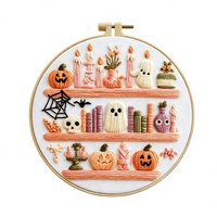 Kit de Broderie Halloween DIY Point de Croix avec Cerceau et Fils – Motif Adorable Citrouille, Fantôme et Étagère