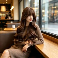 Porte une perruque bouclée brune chaude, accompagnée de franges légères et volumineuses. Convient pour un usage quotidien et des looks décontractés.