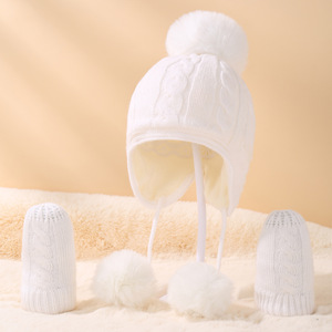 HJH445 nouveaux chapeaux d'hiver pour bébé, <span class=keywords><strong>Bonnet</strong></span> <span class=keywords><strong>Bonnet</strong></span> pour garçons filles, <span class=keywords><strong>Bonnet</strong></span> en tricot, pompons, accessoires pour nouveau-né, articles chauds pour oreilles, ensemble de gants pour enfants - Product Image 3