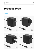 Adaptateur secteur USB-C RWX 65W avec prises US/EU/UK/CN, sortie DC 3A 5V/9V/12V/15V/20V pour téléphones/portables