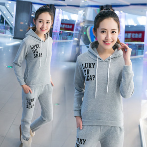 Women's Fleece Lined Casual Sportswear Set Long Sleeve Hoodie Pants Two Piece Plus Size Gray Printing - Product Image 1