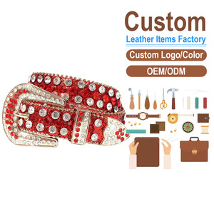 Custom Rhinestone Decorated <b>Red</b> Leather <b>Belt</b> With Alloy Pin Buckle For Party Casual Wear - Product Image 1