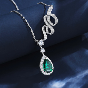 925 Sterling Silver Created Emerald Pendant <b>Necklace</b>, Pear Cut Halo Lab Emerald Snake Design Fine Jewelry for Women - Product Image 5