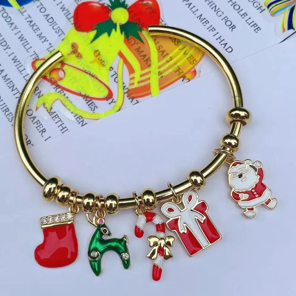 Trendy Christmas Gift Gold Plated Xmas Small Santa Claus Christmas Tree Accessories Cuff Bangle Wholesale