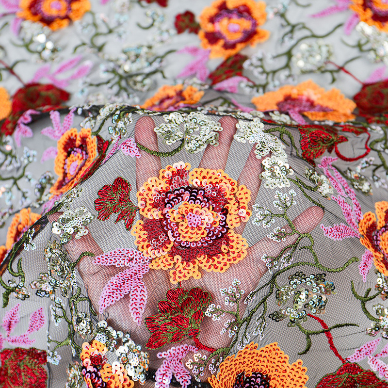 Embroidered Large Red Flower Lace Fabric