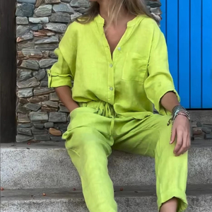Completo da donna <span class=keywords><strong>in</strong></span> cotone e lino, 2 pezzi: camicia <span class=keywords><strong>con</strong></span> colletto alla coreana e maniche arrotolabili, <span class=keywords><strong>pantaloni</strong></span> a <span class=keywords><strong>vita</strong></span> elasticizzata, vestibilità ampia, all'ingrosso, casual estivo - Product Image 2