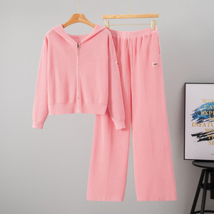 <span class=keywords><strong>Tuta</strong></span> <span class=keywords><strong>sportiva</strong></span> autunno inverno da <span class=keywords><strong>donna</strong></span> in maglia transfrontaliera europea Cardigan con cappuccio con cerniera <span class=keywords><strong>pantaloni</strong></span> larghi Casual in tinta unita Set di due pezzi - Product Image 4