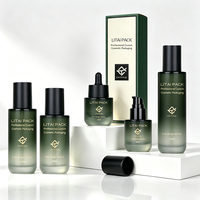 Ensemble de flacons compte-gouttes et pots en verre vert foncé personnalisés, vides, mats et givrés, pour marques de cosmétiques, avec boîte