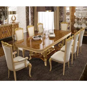 Klasik tasarlanmış kraliyet yemek masası ve sandalye seti kraliyet mobilya katı ahşap oyma beyaz ve altın yemek takımı