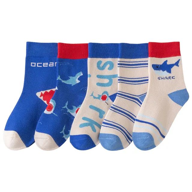 2024 hiver enfants chaussettes dessin animé requin motif bande bleu garçons mi-tube enfants chaussettes Terry à l'intérieur filles garçons bébé chaussettes