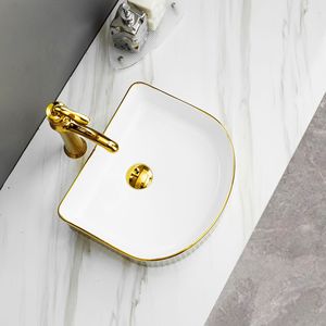 Vasque en céramique plaquée or titane italien, lavabo de comptoir cannelé - Product Image 3