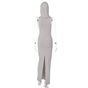 2023 été nouvelle mode couleur unie à capuche dos fente sans manches robe femmes mi-taille mince Maxi robe - Product Image 4