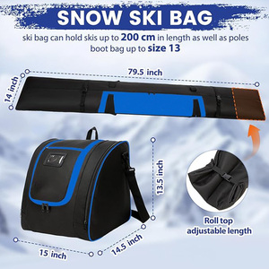 Ski Bag and Boot Bag Combo Set Adjustable Roll Top Length Fits Skis 200cm and Poles Padded Snow Ski Boot Bag Fits Size 13 OEM - Product Image 3