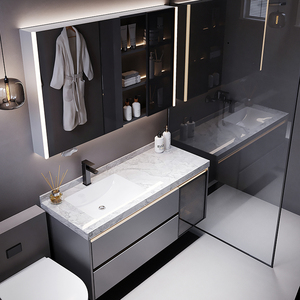 Mueble de Baño Moderno Minimalista con Lavabo Integrado de Cerámica sin Juntas, Iluminación y <span class=keywords><strong>Espejo</strong></span> <span class=keywords><strong>Antivaho</strong></span> - Product Image 1