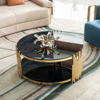 Meja Kopi Bundar Modern Mewah 2 Lapis Kaca Temper Hitam Berlapis Emas