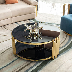 Mesa de Centro Redonda de Lujo Moderna con 2 Niveles de Vidrio Templado Negro y Acabado Dorado - Product Image 2