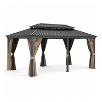 Pergola de jardin en aluminium avec toit rigide, rideaux et moustiquaire, résistante aux intempéries, pour terrasse de restaurant