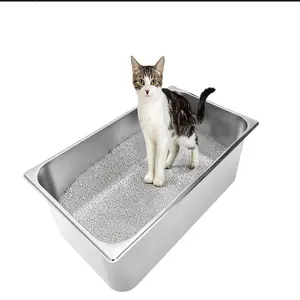 Baki Logam Feet Karet Anti Licin, Kotak Sampah Baja Tahan Karat untuk Kucing dan Anak Kucing, Tinggi Sisi 6 Inci