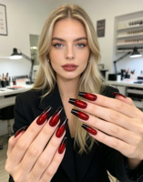 Faux ongles rouges élégants et simples à presser, effet haut de gamme, courts, en forme d'amande, à motifs floraux pour les doigts, vente en gros