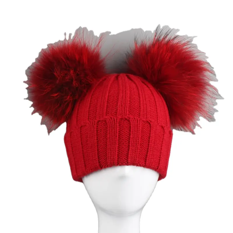 Hiver chaud laine tricoté rayé casquettes enfants Double fourrure boules Pom Pom chapeau bonnets pour bébé garçons filles pompon chapeau