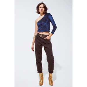 Jeans a Vita Media in Cotone, Modello Slouchy, Colore Marrone Cioccolato - Product Image 5