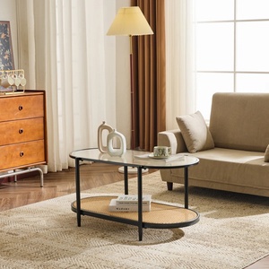 Mesa de Centro Ovalada Moderna con Tapa de Vidrio Templado y Estante de Ratán de PVC, Patas de <span class=keywords><strong>Metal</strong></span>, Mueble de Salón con Almacenamiento de 2 Niveles - Product Image 3
